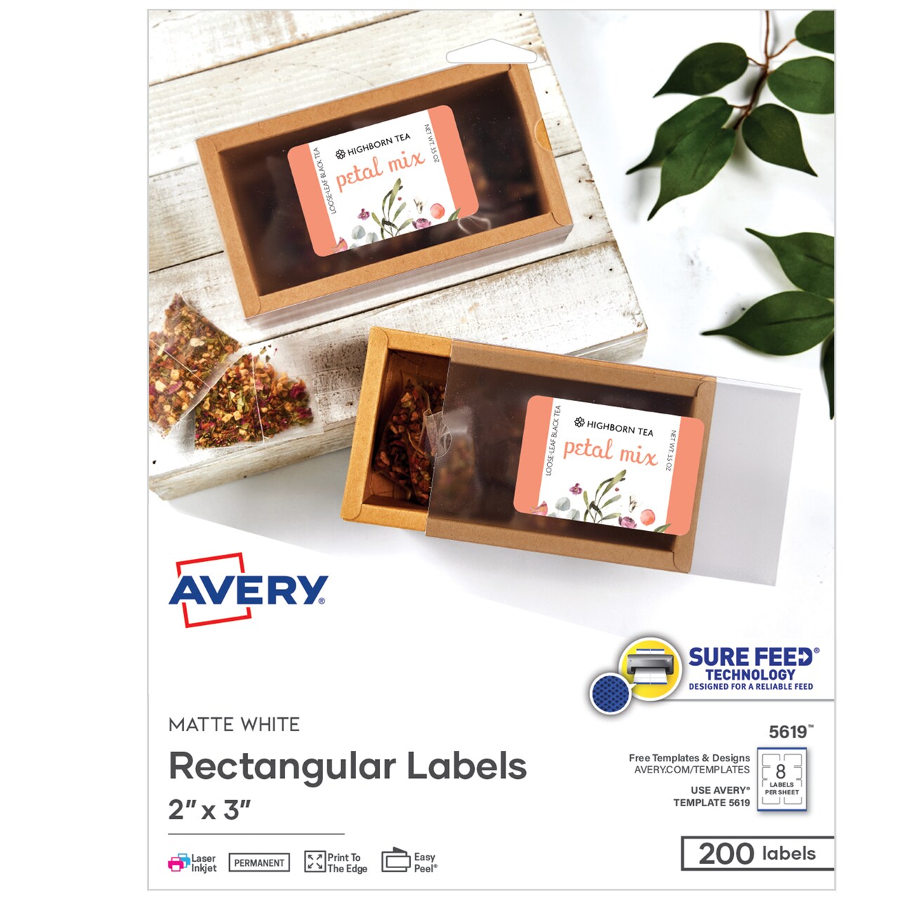 Avery Printable Rectangular Labels with Sure Feed, 2" x 3", Matte White, Permanent Adhesive, Laser & Inkjet Printers, 200 Blank Labels (5619)